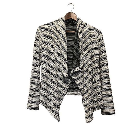 Eddie Bauer Cardigan Sweater XS Black White Striped‎ Open Knit Drape - Picture 1 of 4